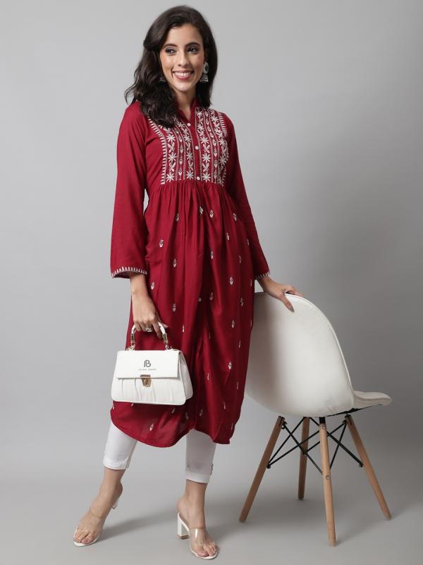 VredeVogel 9351 Heavy Rayon A line Embroidery Kurti Collection